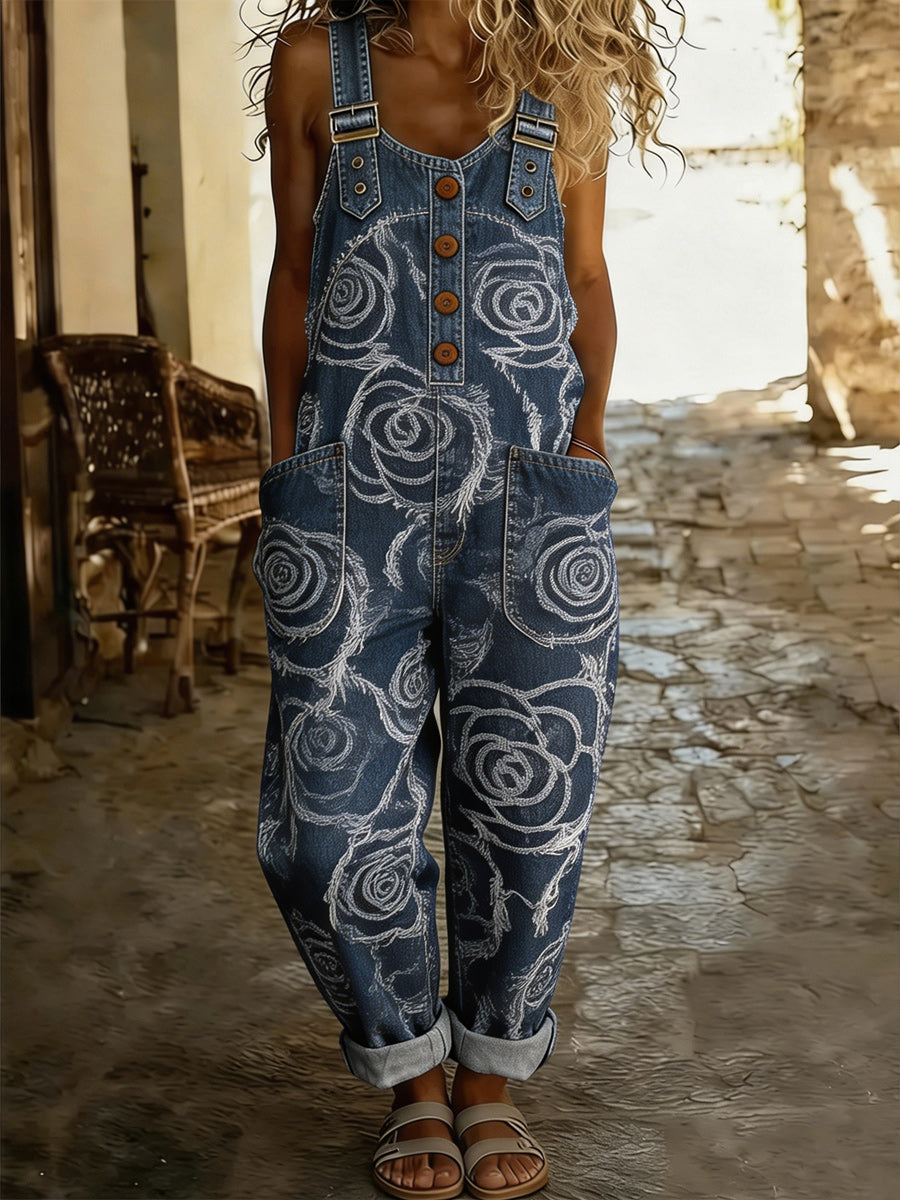 Women's Retro Style Art Print Washed Cotton Denim Patchwork Jumpsuit